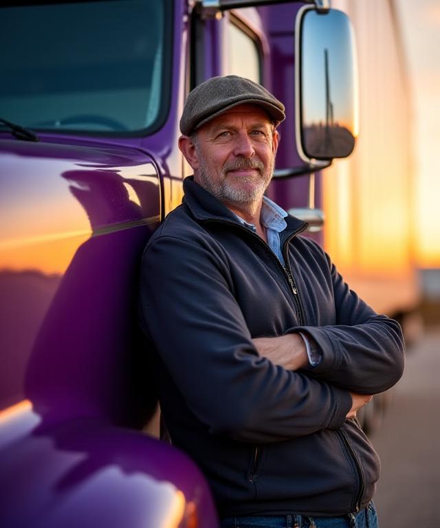 Professional truck driver standing next to a modern semi-truck at sunset