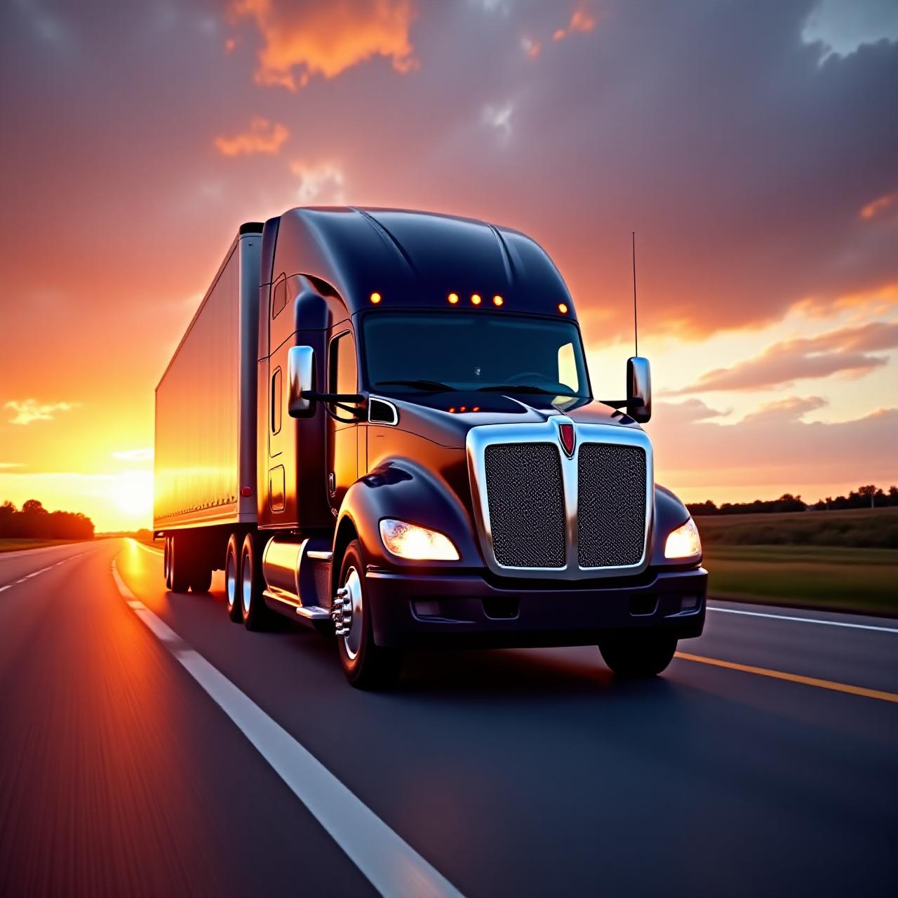 A sleek modern logistics truck on a Florida highway during sunset