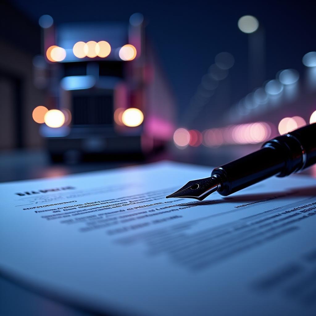 Close up of professional legal documents on a dark desk with logistics truck in background blur