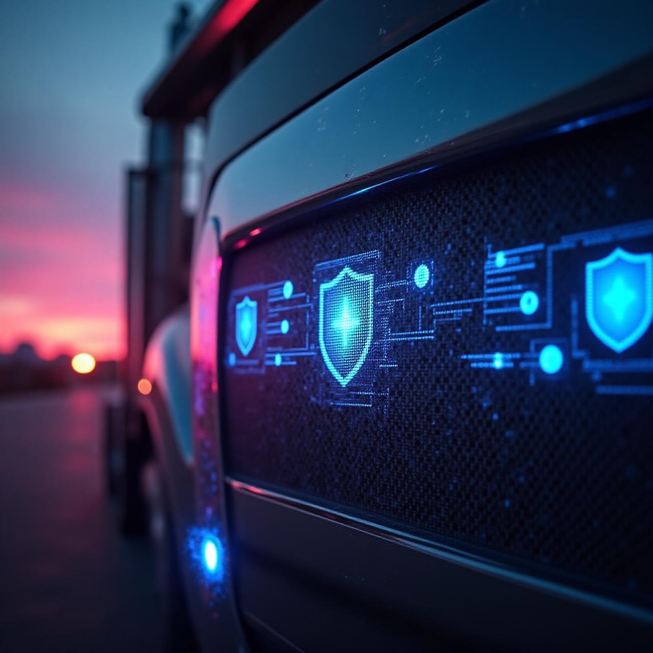 Secure digital logistics interface with a heavy-duty truck in the background