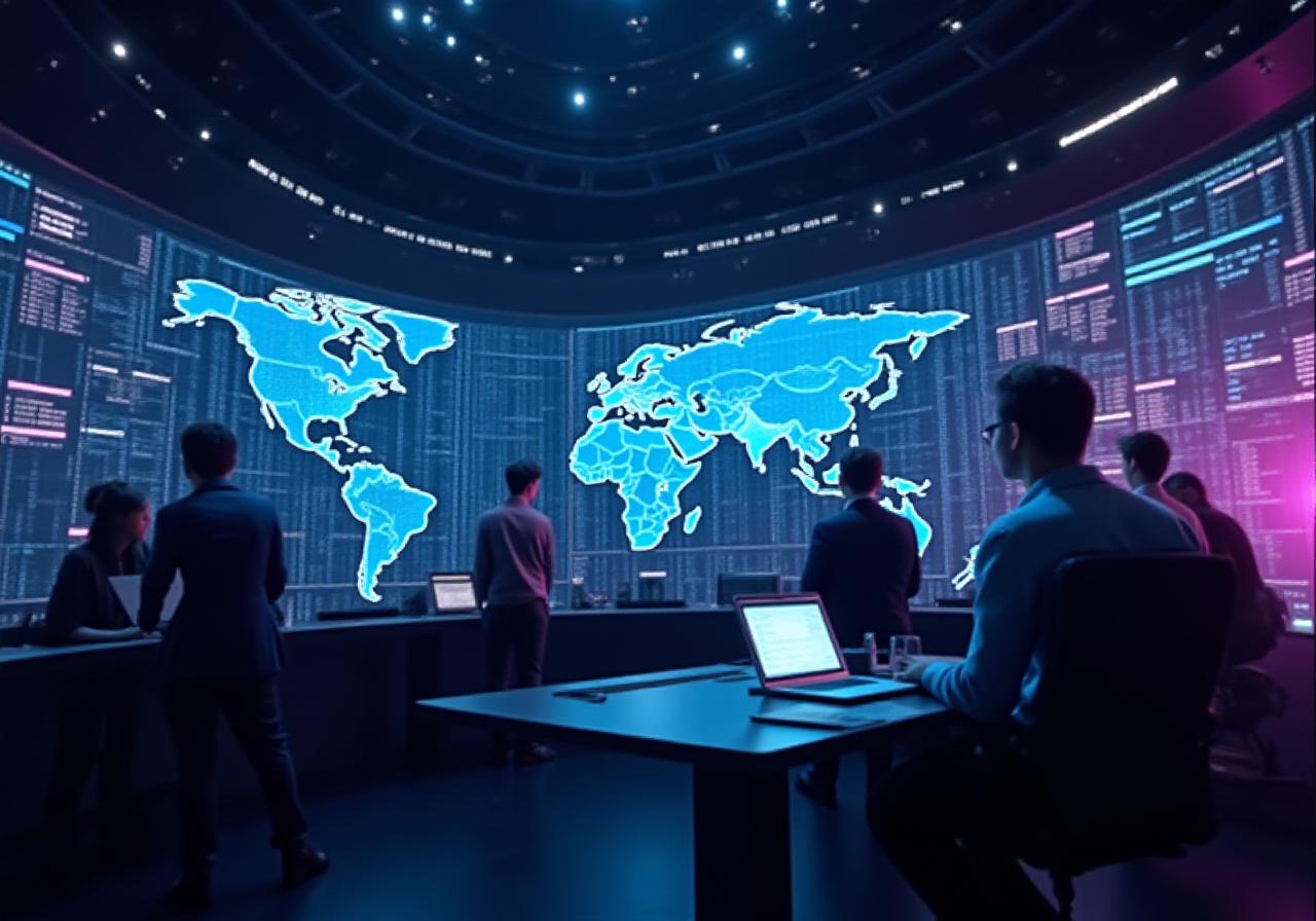 Modern logistics control center with glowing screens